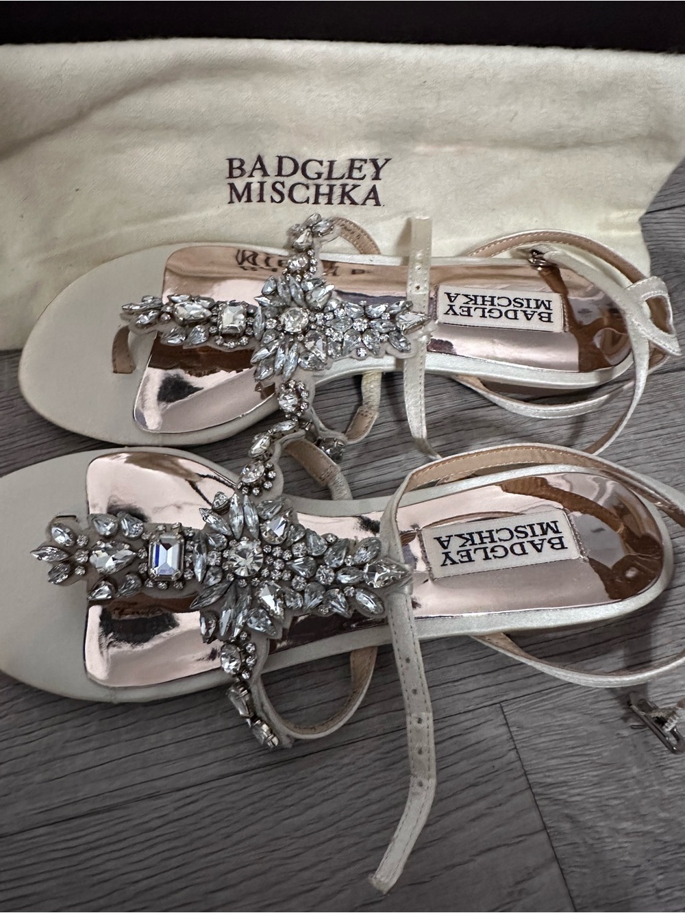Badgley Mischka Crystal-Embellished Ivory T-Strap Sandals